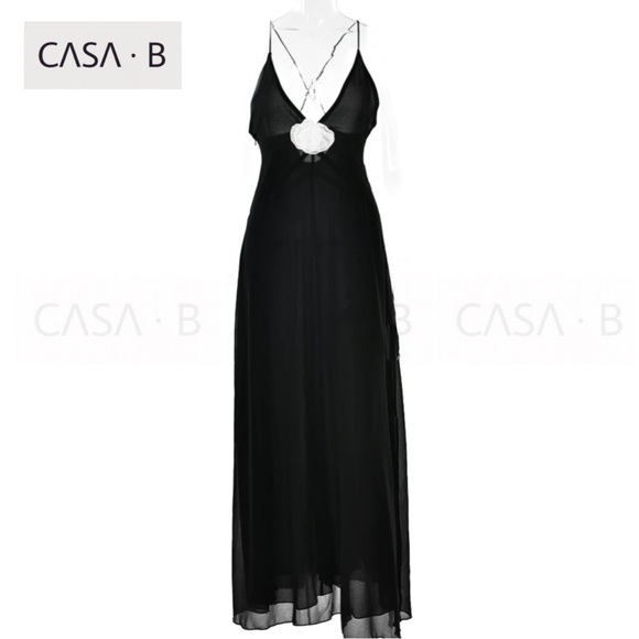NEW!💫CASA B| Madeline Rosette flower Appliqué Deep V Sheer Long Slip Maxi Dress - Picture 3 of 11